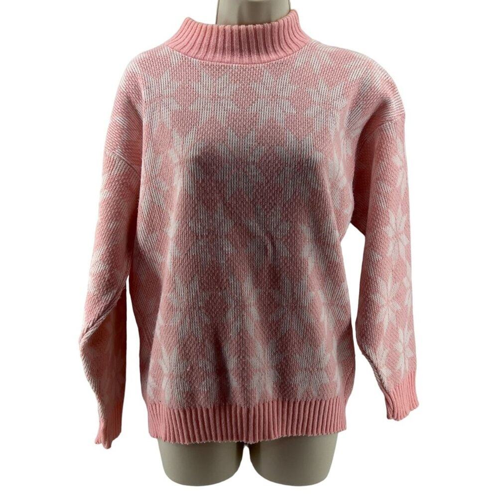 Vintage Jolie Baby Pink White Snowflake Pullover Jumper Sweater Kawaii Lodge